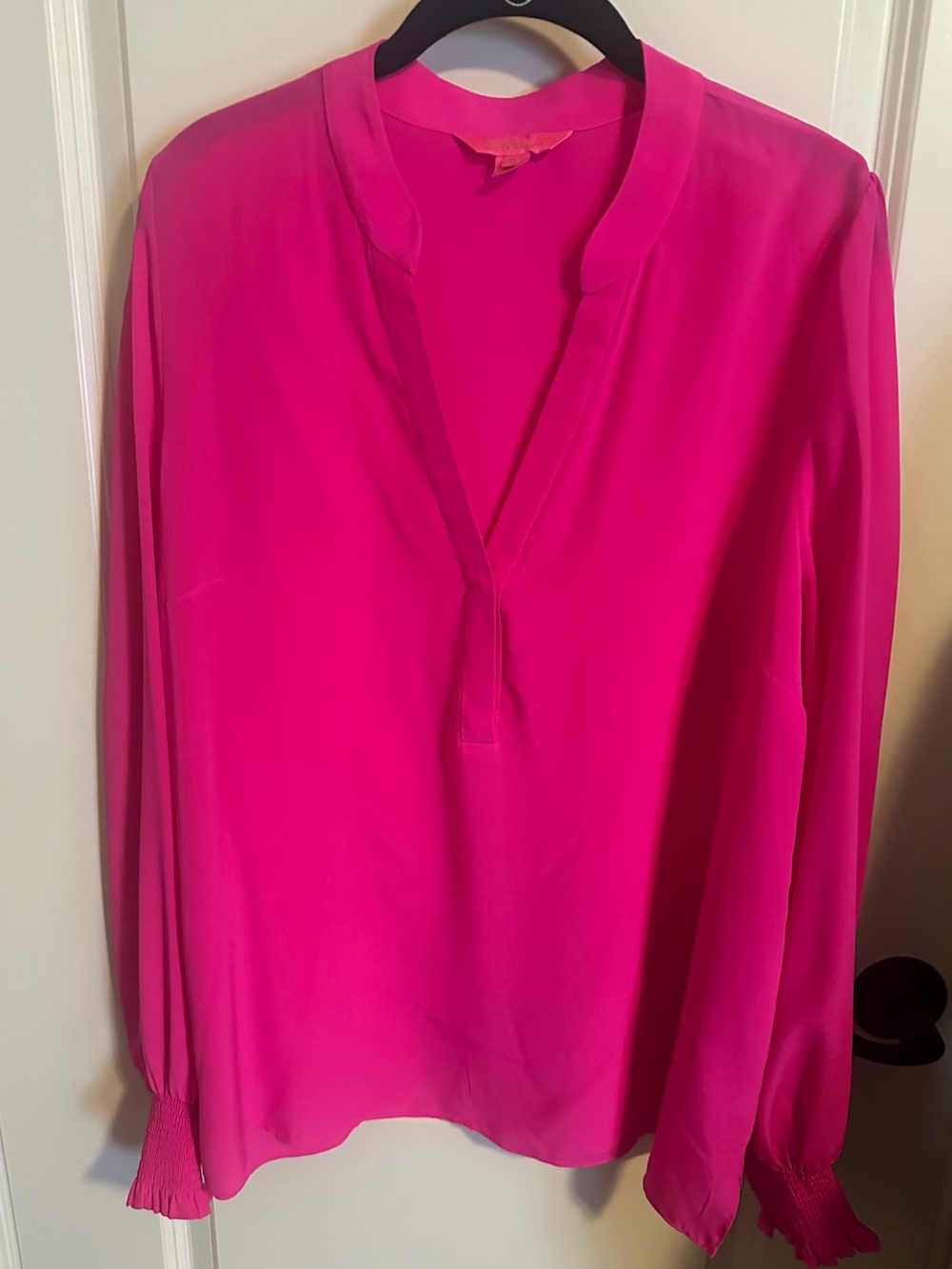 Lilly Pulitzer 100% Silk Pink Long Sleeve Blouse, Smocked Wrists, XL